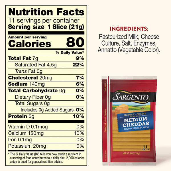 Sargento Natural Medium Cheddar Sliced Cheese, 11 Slices