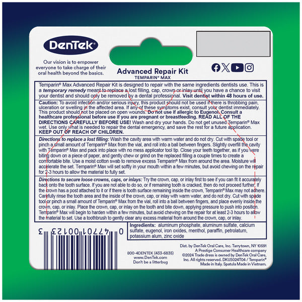 DenTek Temparin Max, Long Lasting Temporary Repair, Caps & Fillings