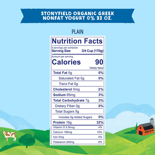 Stonyfield Organic Greek Nonfat Yogurt, Plain, 32 oz. – High in Protein (16g), 0% Fat; Multi-Serving Yogurt Snack & Cooking Substitute