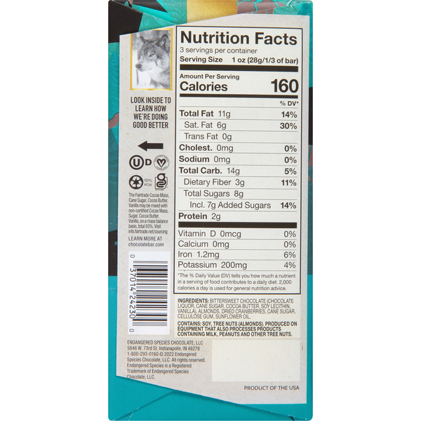 Endangered Species Dark Chocolate, Cranberry & Almonds, 72% Cocoa