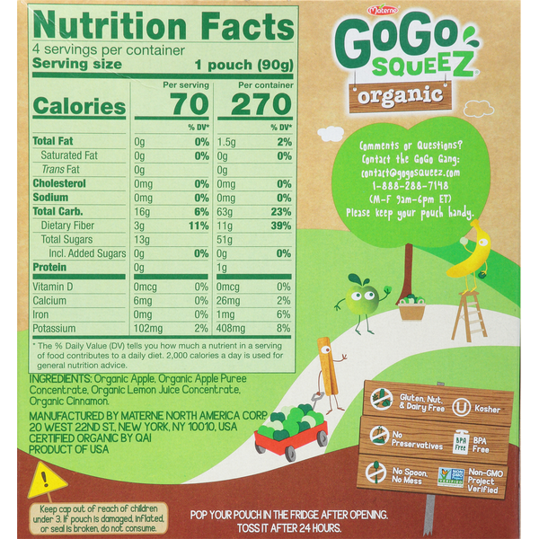 GoGo Squeez Apple Sauce, Organic, Fruit On The Go, Apple Cinnamon, 4 Pack