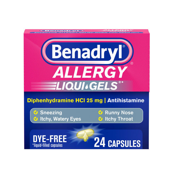 Benadryl Liqui-Gels Antihistamine Allergy Medicine & Cold Symptom Relief, Dye-Free Liquid Gels with 25 mg of Diphenhydramine HCl for Symptoms Such As Runny Nose, Sneezing & More, 24 ct DestGlow