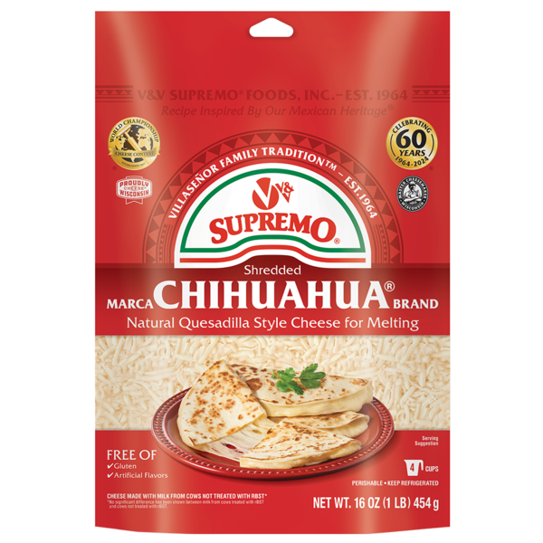 V&V Supremo Shredded Chihuahua Quesadilla Cheese, Mexican Style, Melting