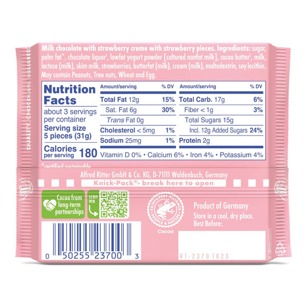 Ritter Sport Milk Chooclate Candy Bar with Strawberry Crème filling