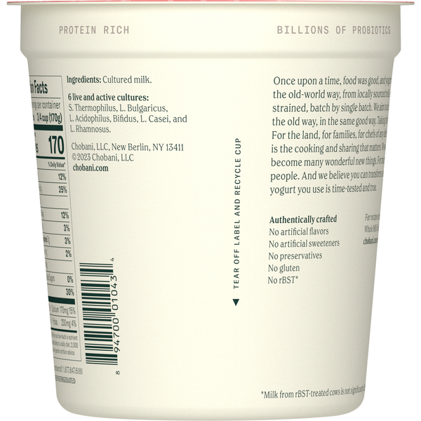 Chobani Yogurt, Greek, Whole Milk, Plain