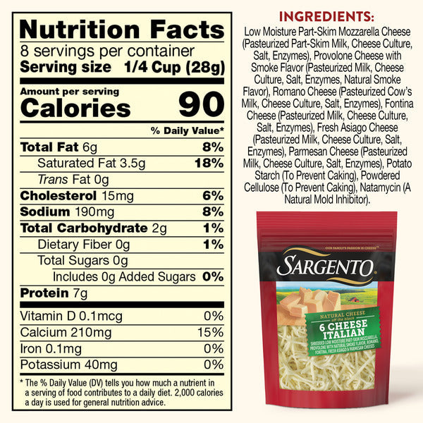 Sargento Natural 6 Cheese Italian Shredded Cheese, Fine Cut, 8 oz