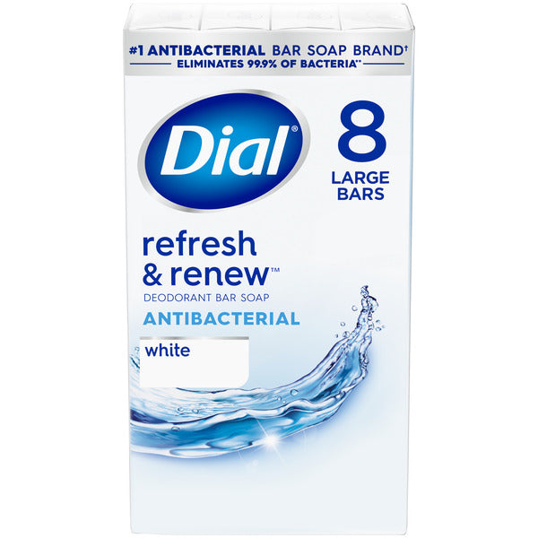 Dial Antibacterial Bar Soap, Refresh & Renew White Deodorant Bar, 4 oz (8 Bars)