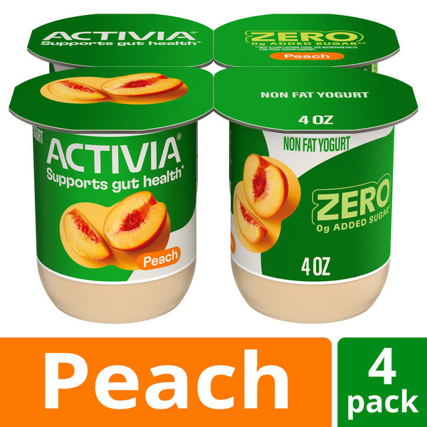 Activia ZERO 0g Added Sugar Peach Probiotic Yogurt, Delicious Nonfat Yogurt Cups to Help Support Gut Health, 4 oz, 4 Count