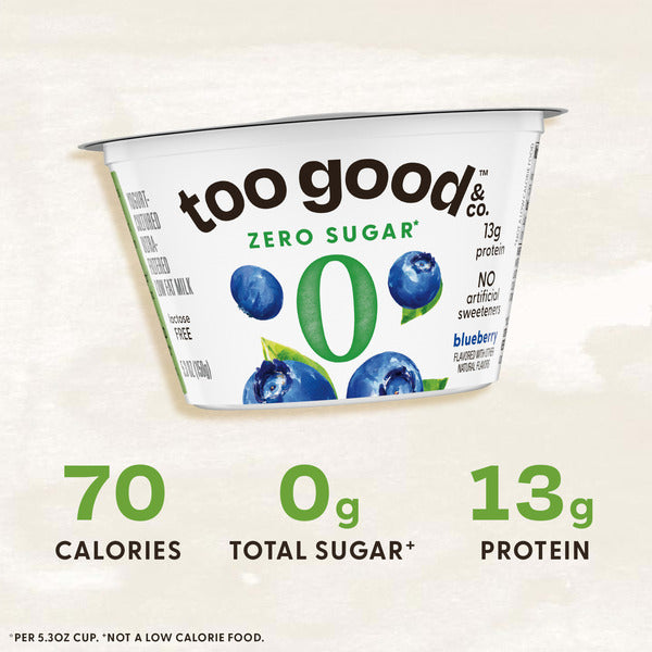 Too Good & Co. Zero Sugar Blueberry Yogurt-Cultured Ultra-Filtered Low Fat Milk Product, Gluten Free, Keto Friendly, 5.3 oz Cup
