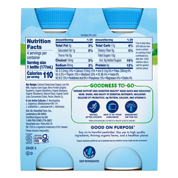 Stonyfield Organic Probiotic Wild Berry Lowfat Yogurt Smoothies