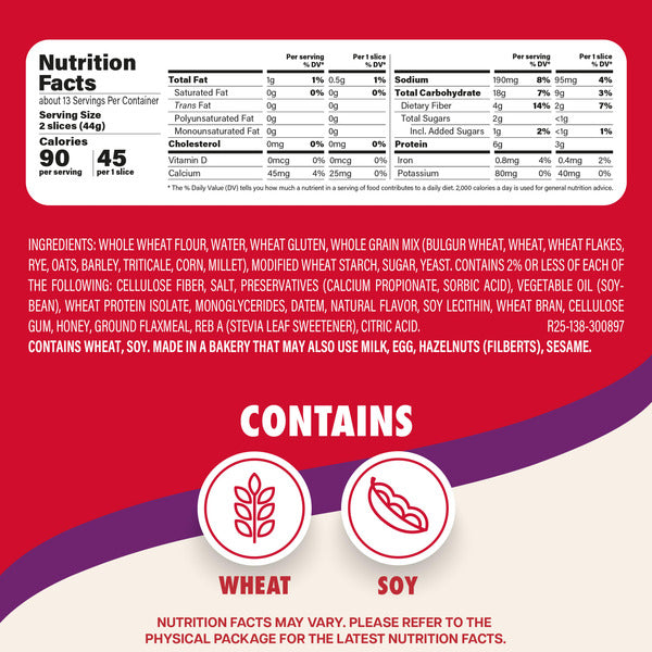 Sara Lee Delightful, Multi-Grain, Bread, 45 Calories, Multigrain Bread, 20 oz