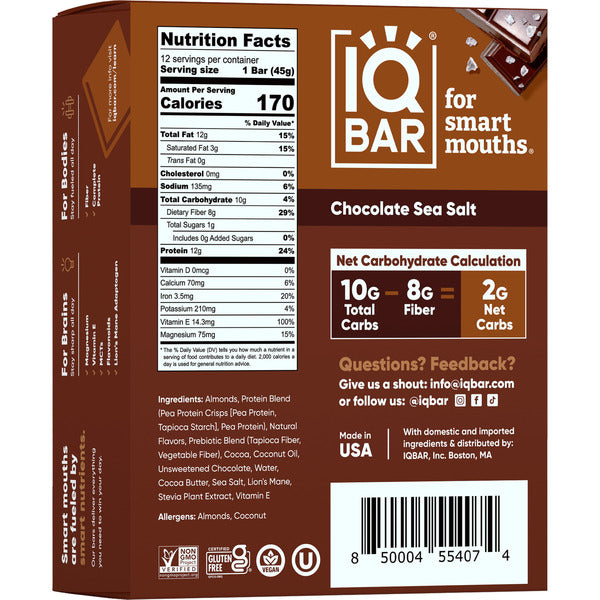 IQBAR Chocolate Sea Salt, Keto, Vegan, Protein Bars