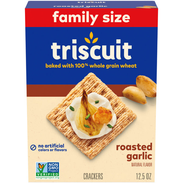 TRISCUIT Roasted Garlic Whole Grain Wheat Crackers, Lunch Snacks, Family Size 12.5 oz