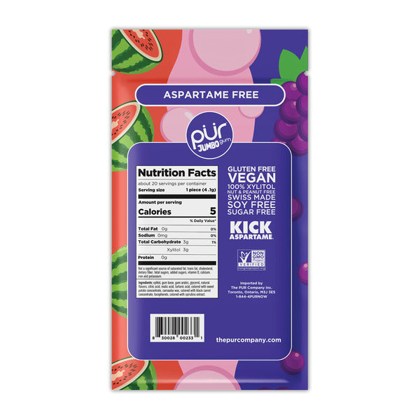 PUR Jumbo Gum Natural Bubblegum, Grape, Watermelon Flavored Gum, 100% Xylitol
