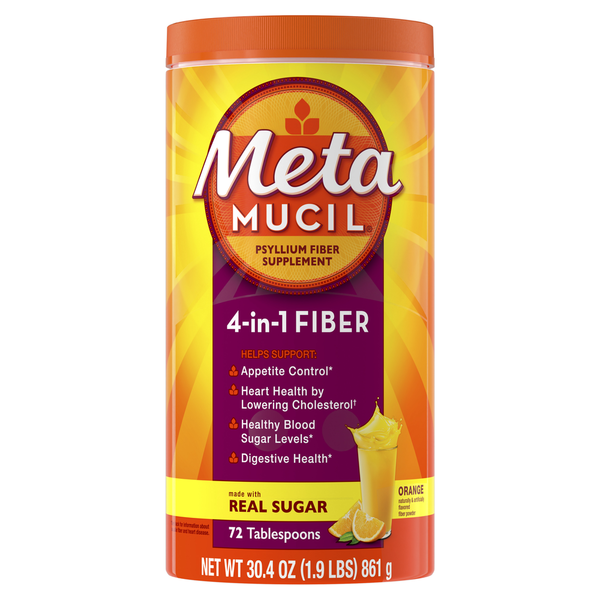 Metamucil Daily Fiber Supplement, Psyllium Husk Fiber Powder, Real Sugar, Orange