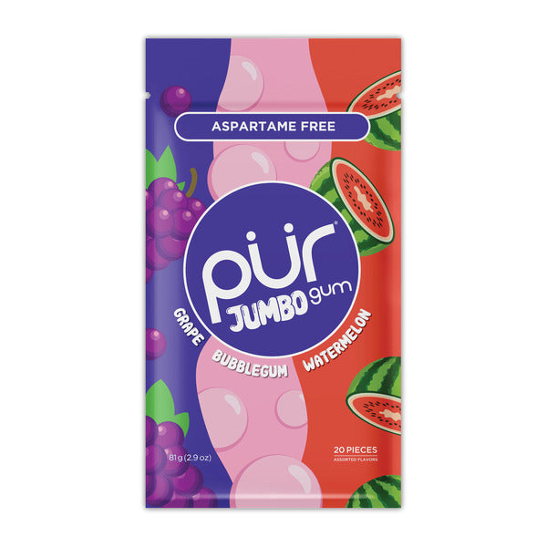 PUR Jumbo Gum Natural Bubblegum, Grape, Watermelon Flavored Gum, 100% Xylitol