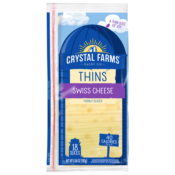 Crystal Farms Cheese, Swiss, Thins
