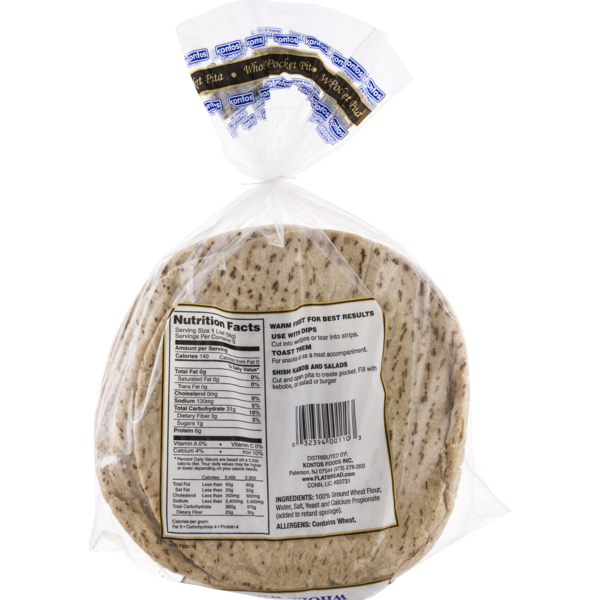 Kontos Pocket Pita Whole Wheat - 6 CT