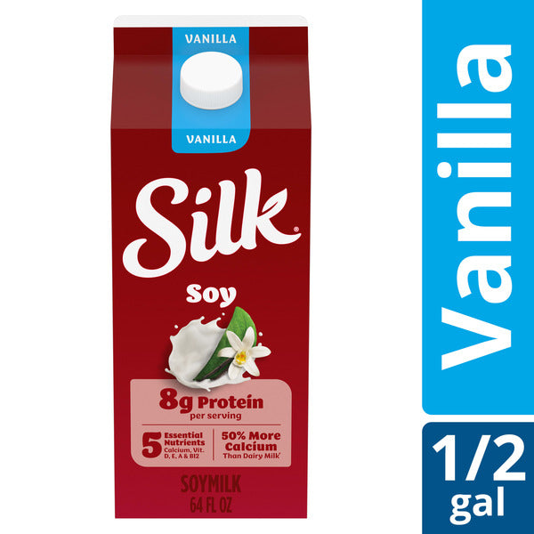 Silk Soy Milk, Vanilla, Dairy Free, Gluten Free, Delicious Vegan Plant Based Milk with 5 Essential Nutrients, 64 fl oz Half Gallon