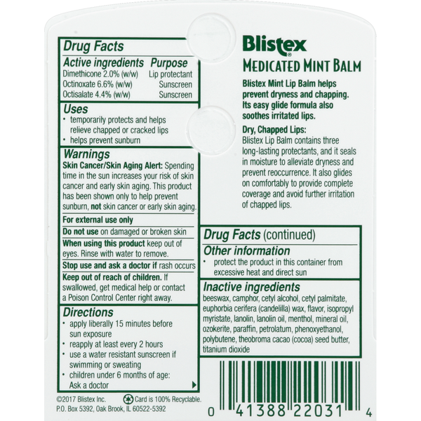 Blistex Lip Protectant/Sunscreen, Medicated, Mint Balm, SPF 15