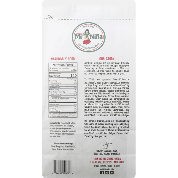 Mi Nina Tortilla Chips, White Corn, Jalapeno Agave