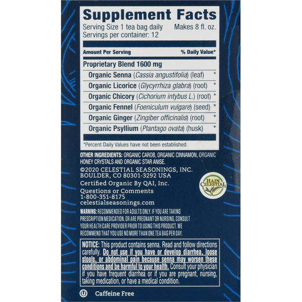 Celestial Seasonings Herbal Supplement, Caffeine Free, Organic, Carob Licorice, Laxative, Tea Bags