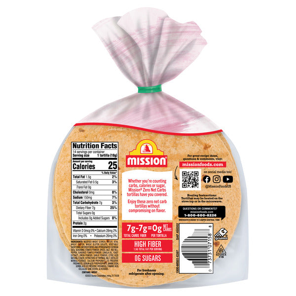 Mission Zero Net Carbs Sundried Tomato Basil Flour Tortillas, Street Tacos Size, 14 Count