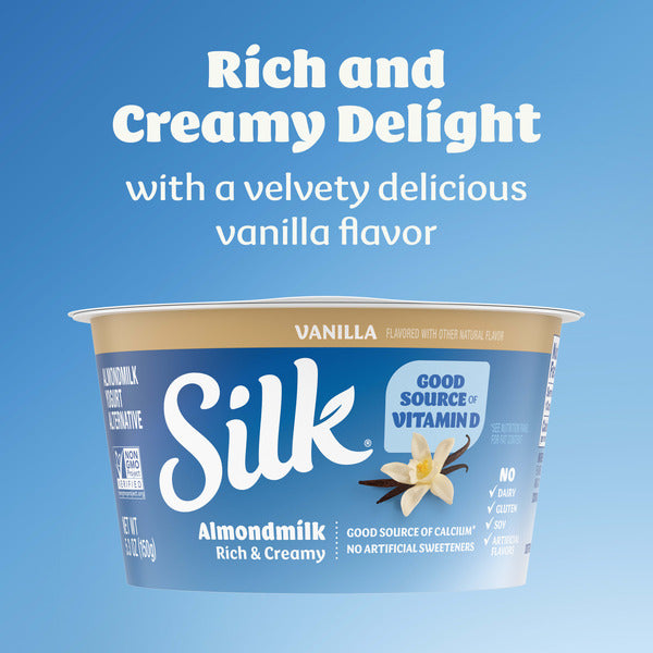 Silk Vanilla Dairy Free, Almond Milk Yogurt Alternative, Rich and Creamy Plant Based Yogurt with 5 Grams of Protein, 4 Ct, 5.3 OZ Containers DestGlow