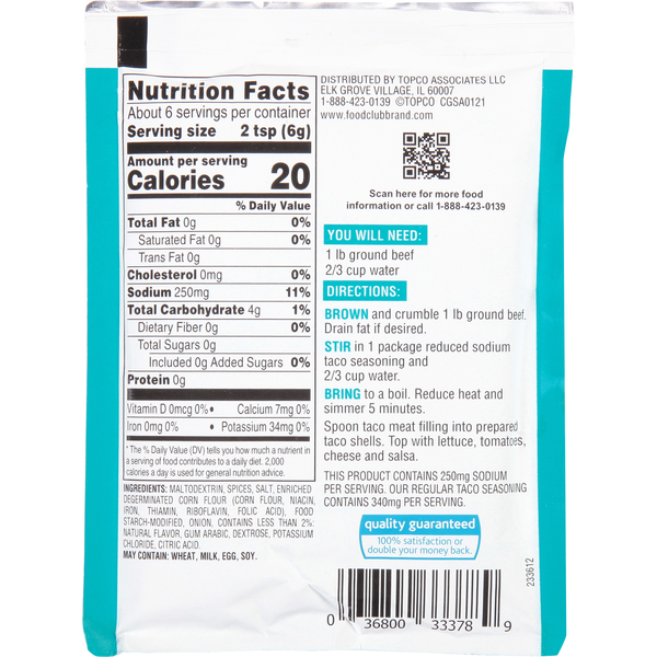 Food Club Seasoning Mix, Reduced Sodium, Taco