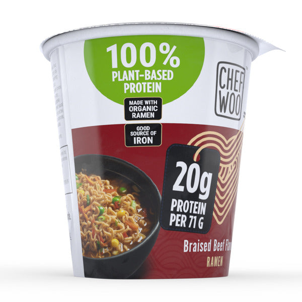 Chef Woo Braised Beef Ramen Cup Noodle, 20g Protein
