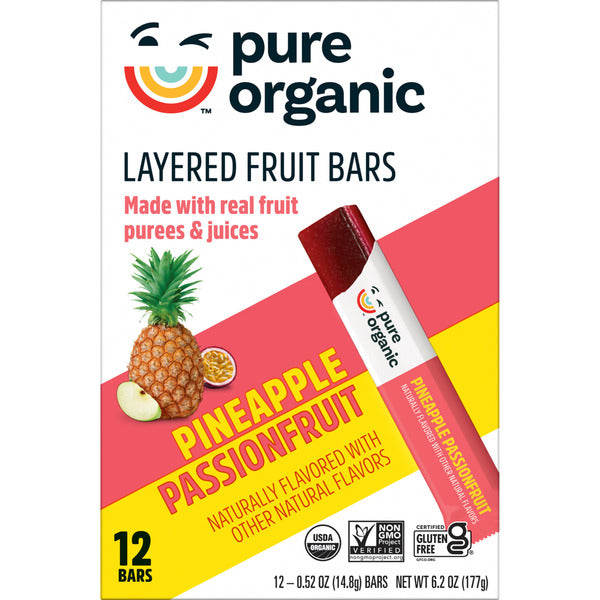 Pure Organic Pineapple Passionfruit Layered Fruit Bars, Gluten Free, 12 Count
