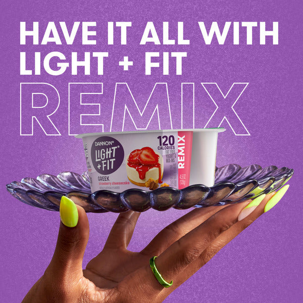 Dannon Light + Fit REMIX Strawberry Cheesecake Nonfat Greek Yogurt with Graham Cookies, Caramel Pearls and Dark Chocolate Mix-Ins