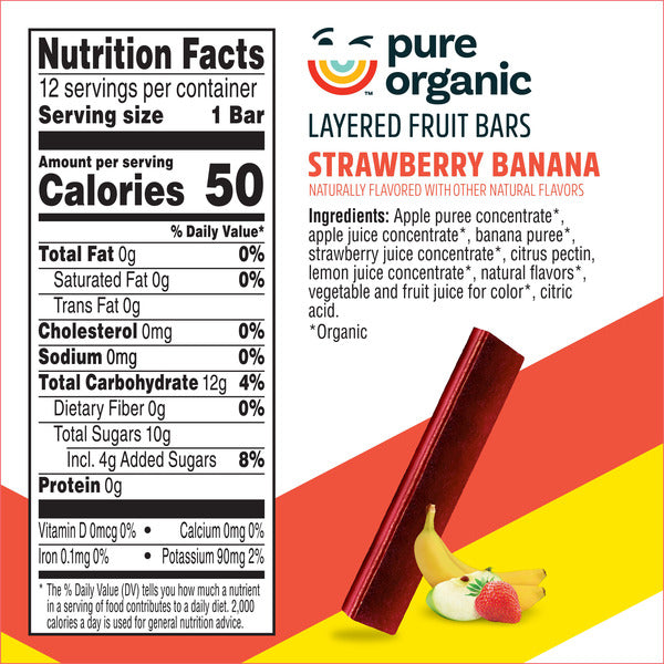Pure Organic Strawberry Banana Layered Fruit Bars, Gluten Free, 12 Count