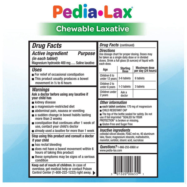 Pedia-Lax Laxative Chewable Tablets for Kids, Ages 2-11 Watermelon