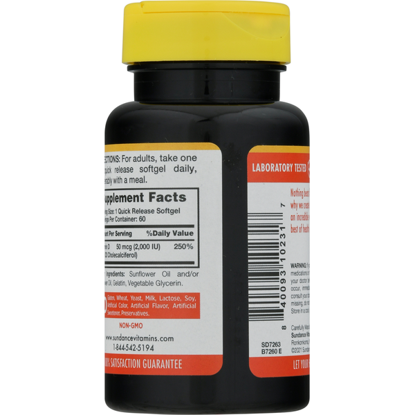 Sundance Vitamins Vitamin D3, High Potency, 2000 IU, Softgels
