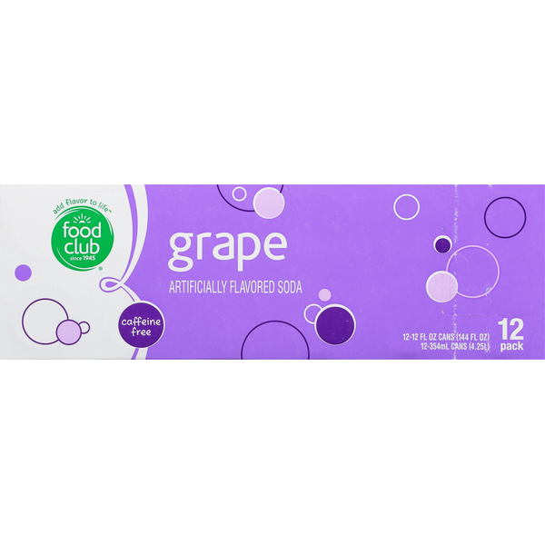 Food Club Soda, Grape, Caffeine Free, 12 Pack