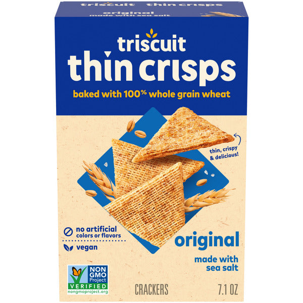 TRISCUIT Thin Crisps Original Whole Grain Wheat Crackers, Vegan Snacks, Lunch Snacks 7 oz