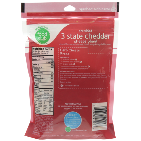 Food Club 3 State Cheddar Cheese Blend Vermont, Wisconsin Sharp & New York Sharp Cheddar Shredded Cheeses