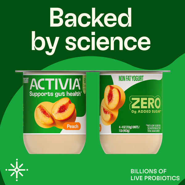 Activia ZERO 0g Added Sugar Peach Probiotic Yogurt, Delicious Nonfat Yogurt Cups to Help Support Gut Health, 4 oz, 4 Count