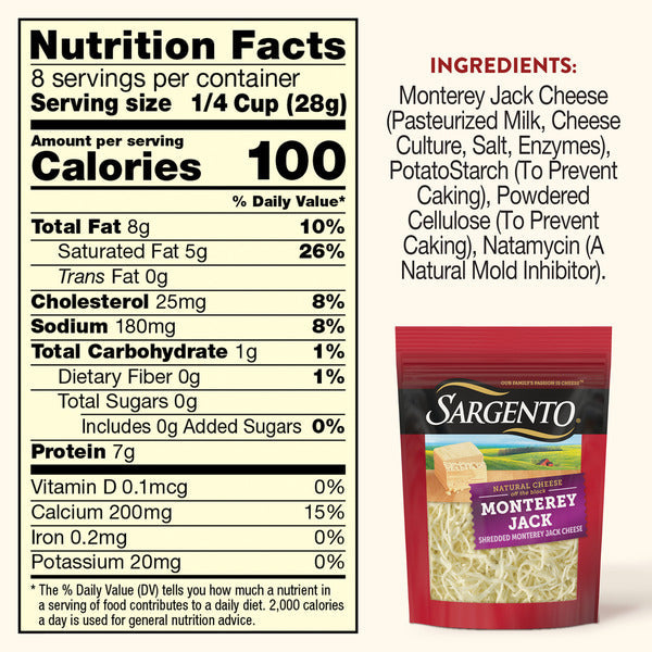 Sargento Natural Monterey Jack Shredded Cheese, Fine Cut, 8 oz