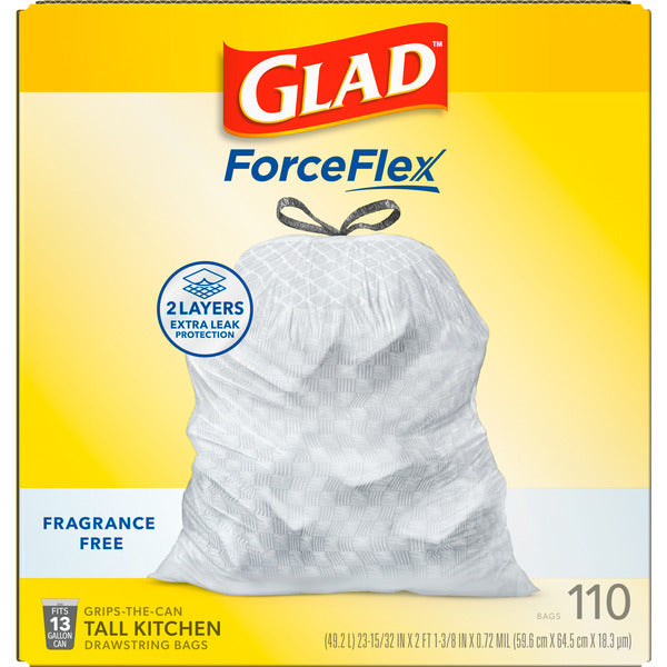 Glad ForceFlex Tall Kitchen Drawstring Trash Bags, 13 Gallon, Fragrance Free