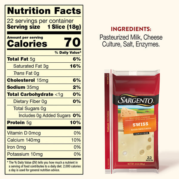 Sargento Natural Swiss Sliced Cheese, 22 Slices