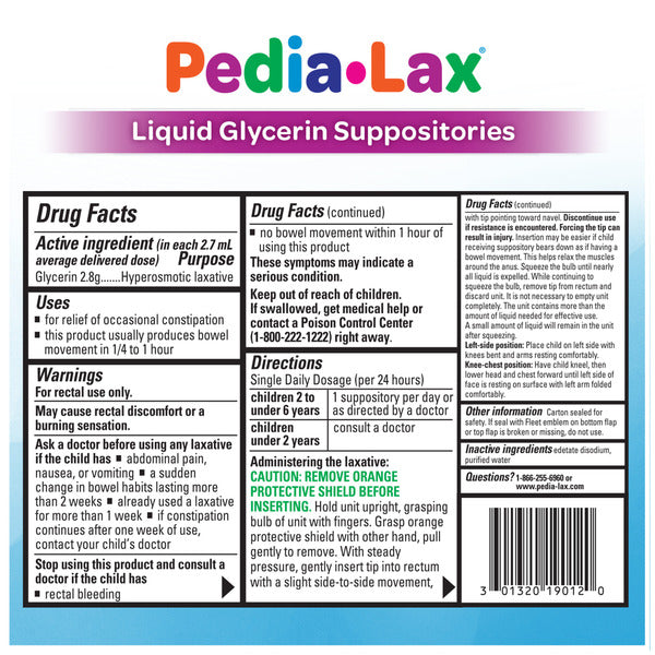 Pedia-Lax Laxative Liquid Glycerin Suppositories for Kids, Ages 2-5