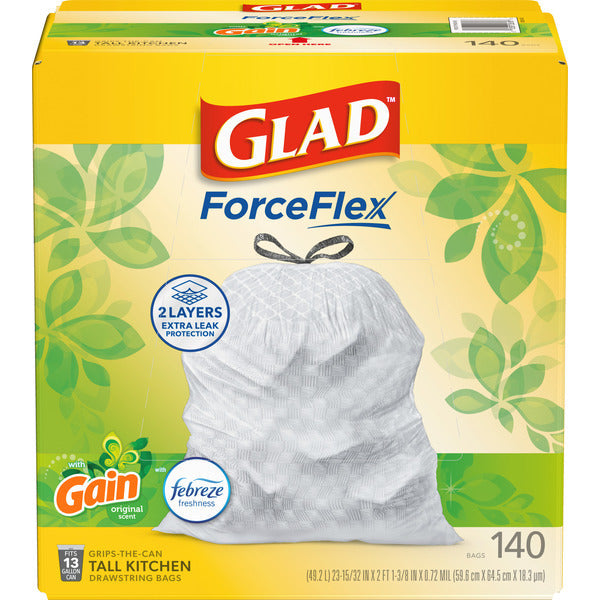 Glad ForceFlex Tall Kitchen Drawstring Trash Bags, 13 Gal, Gain Original with Febreze