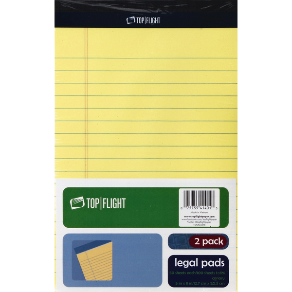 Top Flight Legal Pads, Canary, 100 Sheets, 2 Pack