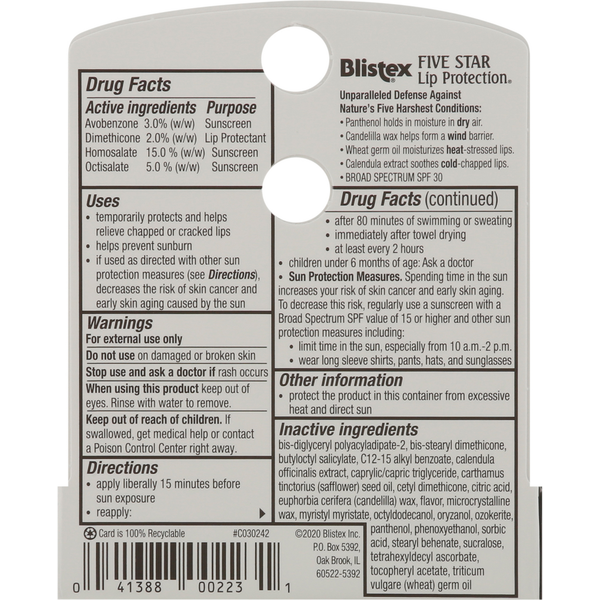 Blistex Lip Protectant/Sunscreen, Five Star, SPF 30