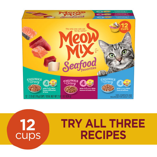 Meow Mix Seafood Favorites Chunks in Gravy Variety Pack Cat Food, 12 Cups DestGlow