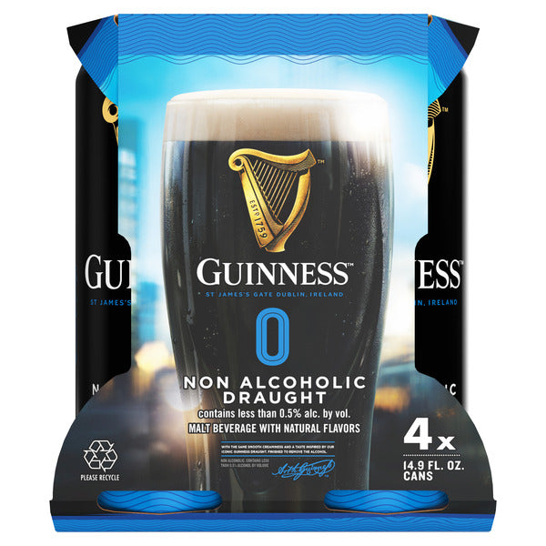 Guinness 0 Draught Non-Alcoholic Import Beer, 4 pack Cans, 14.9 fl oz, less than 0.5% ABV