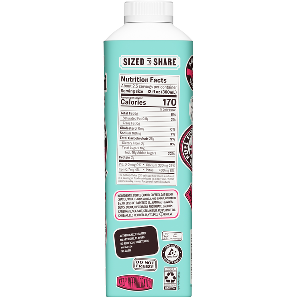 Chobani Coffee Drink, Oatmilk, Non-Dairy, Cold Brew, Peppermint Mocha Flavored