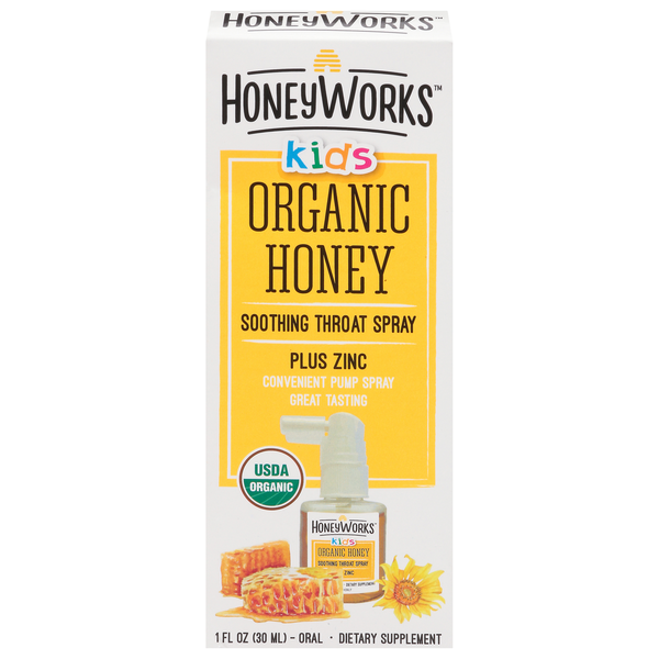 HoneyWorks Soothing Throat Spray, Organic, Honey, Kids